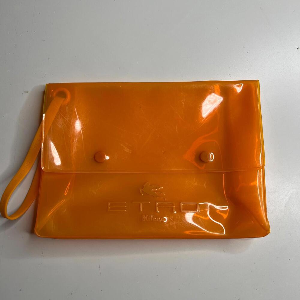 ETRO Milano Orange Transparent PVC Clutch Pouch Wristlet Snap Closure Italy
